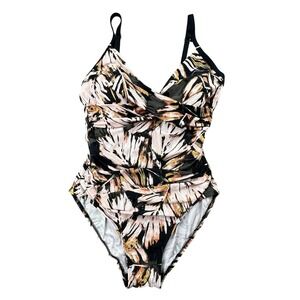 Calvin Klein One Piece Swimsuit 16 Black Multi Floral Twist Front Ruched NWOT